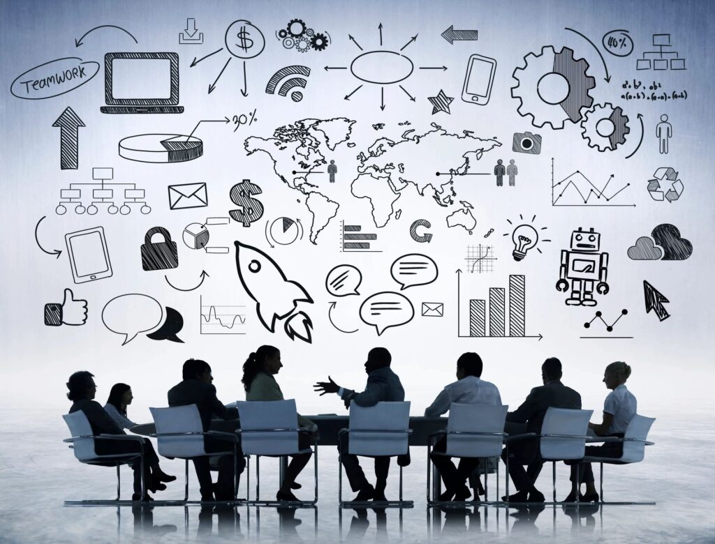 Business team meeting with innovation and technology icons