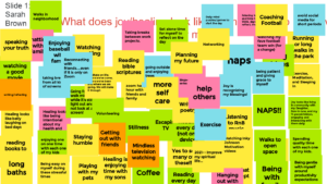 Colorful sticky-note brainstorming board about joy