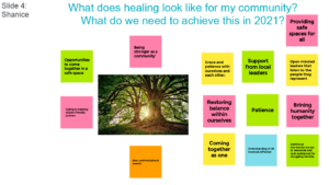 Sunlit tree with colorful community healing notes