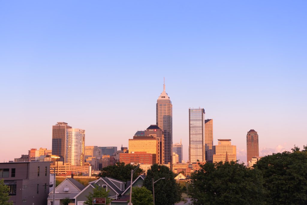 Sunlit city skyline at golden hour