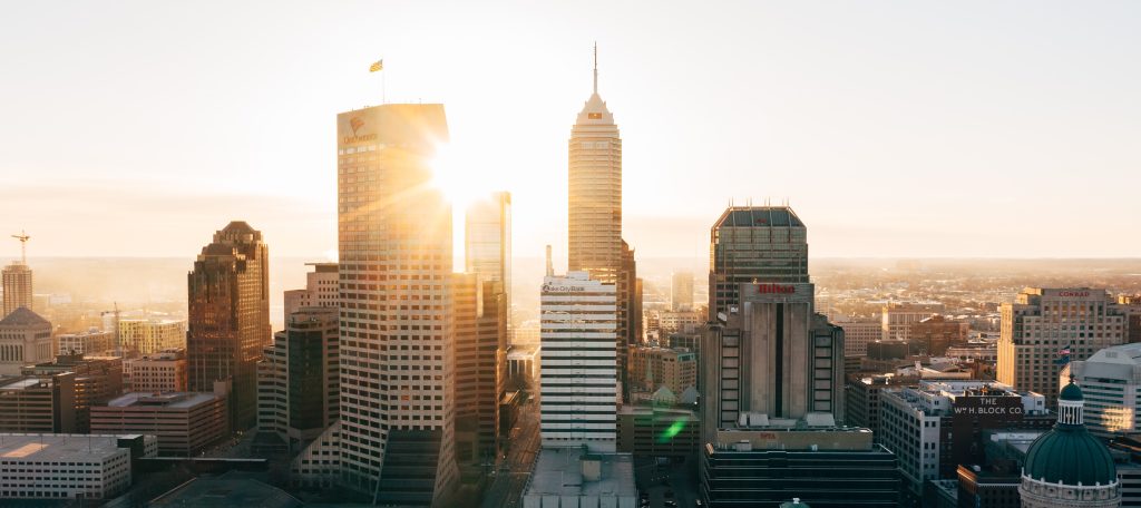 Sunlit downtown skyline with high-rise buildings