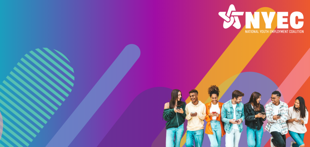 Diverse young adults smiling beside NYEC logo