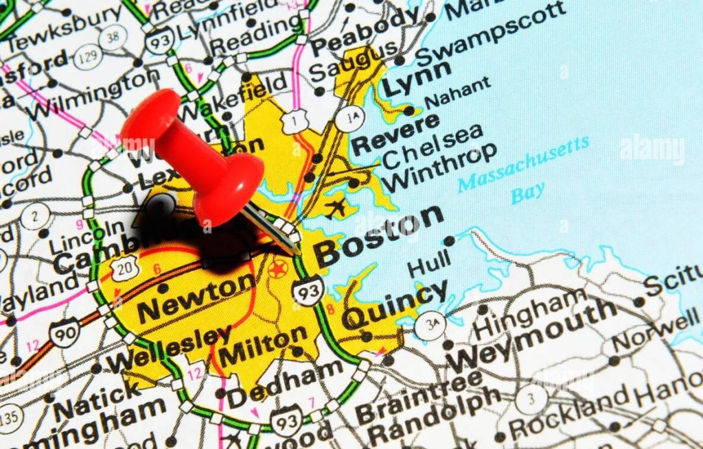 Red pushpin marking Newton on Boston map